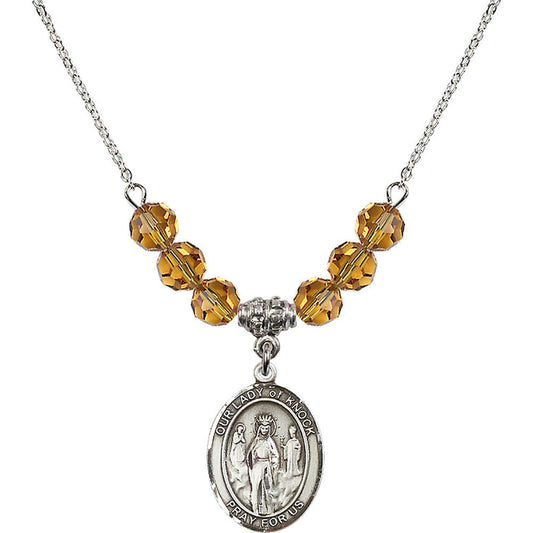 Sterling Silver Our Lady of Knock Birthstone Necklace with Topaz Beads - 8246