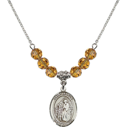 Sterling Silver Saint Aaron Birthstone Necklace with Topaz Beads - 8254