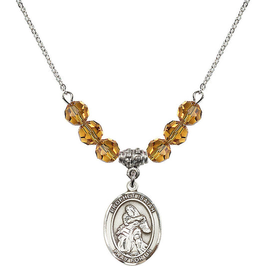 Sterling Silver Saint Isaiah Birthstone Necklace with Topaz Beads - 8258