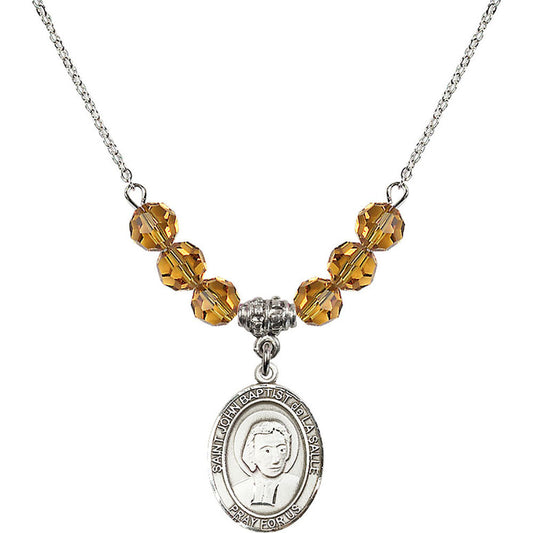 Sterling Silver Saint John Baptist de la Salle Birthstone Necklace with Topaz Beads - 8262