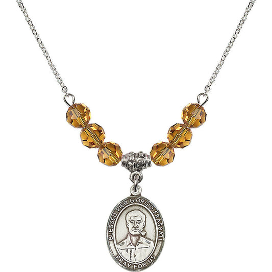 Sterling Silver Blessed Pier Giorgio Frassati Birthstone Necklace with Topaz Beads - 8278