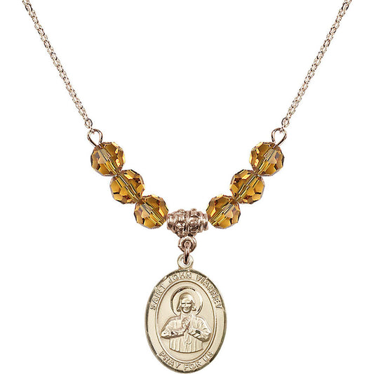 14kt Gold Filled Saint John Vianney Birthstone Necklace with Topaz Beads - 8282