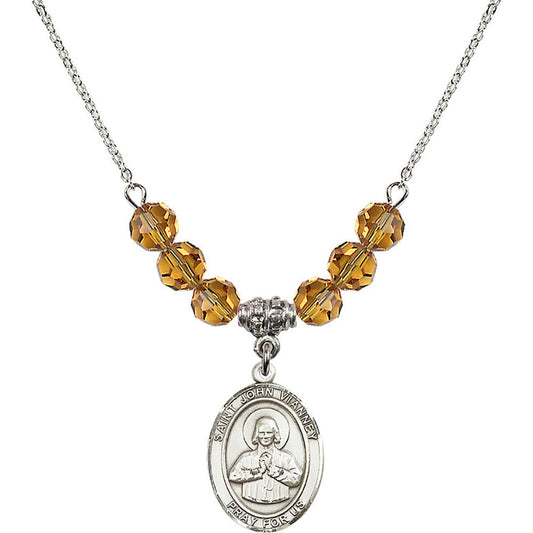 Sterling Silver Saint John Vianney Birthstone Necklace with Topaz Beads - 8282