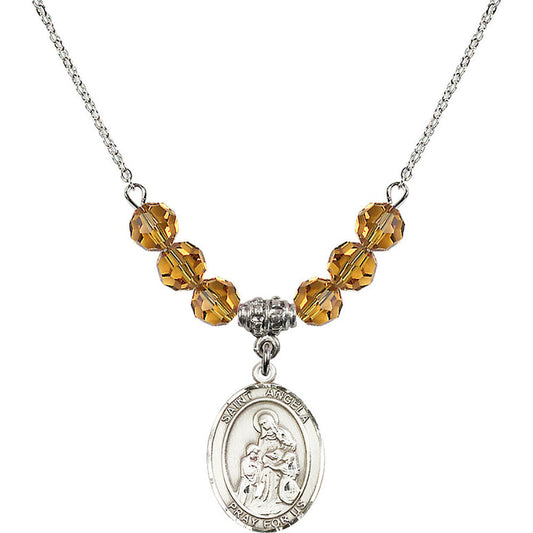 Sterling Silver Saint Angela Merici Birthstone Necklace with Topaz Beads - 8284