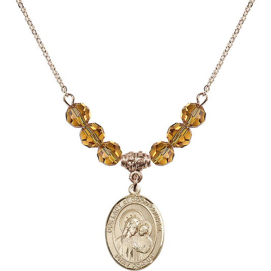 14kt Gold Filled Our Lady of Good Counsel Birthstone Necklace with Topaz Beads - 8287