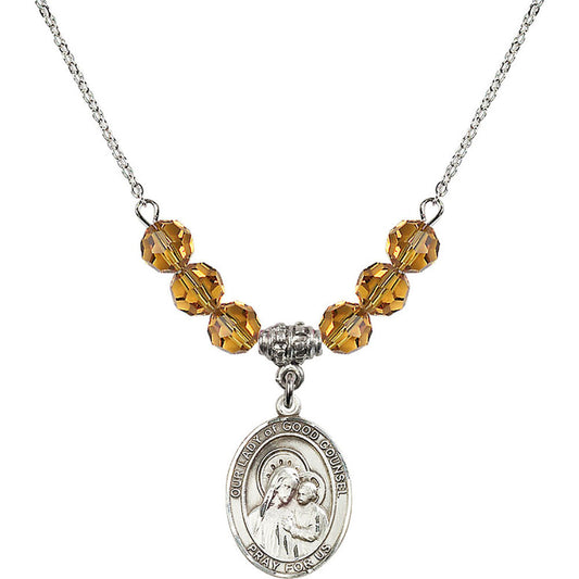 Sterling Silver Our Lady of Good Counsel Birthstone Necklace with Topaz Beads - 8287