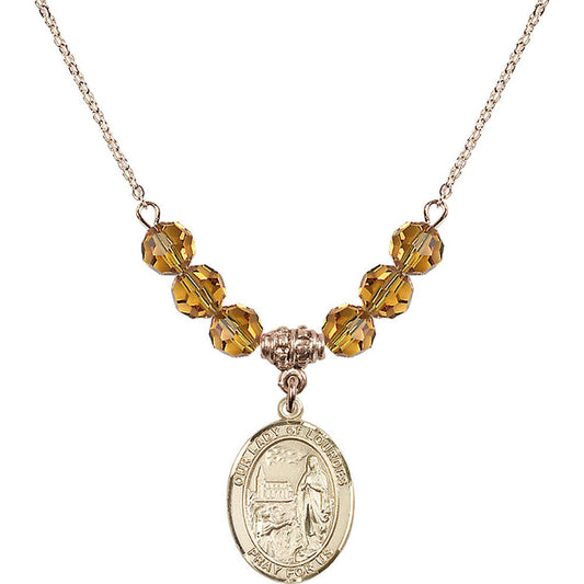 14kt Gold Filled Our Lady of Lourdes Birthstone Necklace with Topaz Beads - 8288