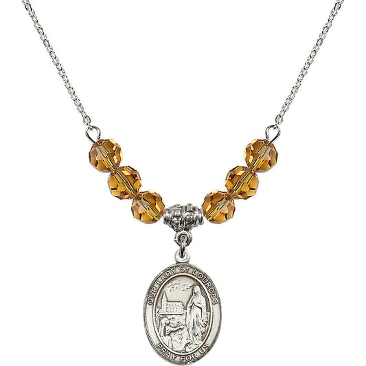 Sterling Silver Our Lady of Lourdes Birthstone Necklace with Topaz Beads - 8288