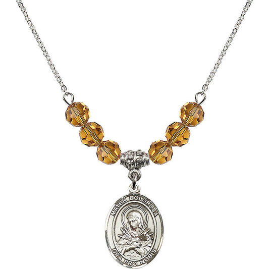Sterling Silver Mater Dolorosa Birthstone Necklace with Topaz Beads - 8290