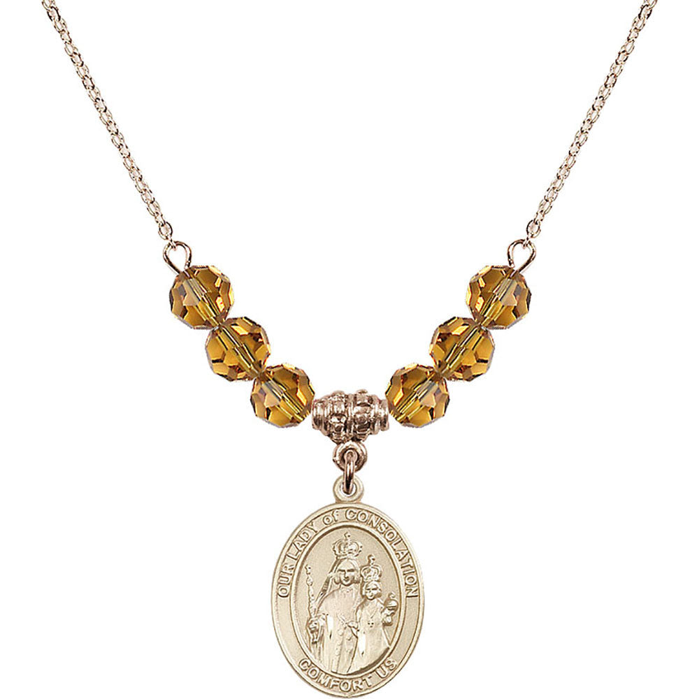 14kt Gold Filled Our Lady of Consolation Birthstone Necklace with Topaz Beads - 8292