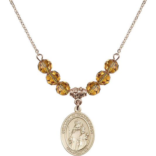 14kt Gold Filled Our Lady of Consolation Birthstone Necklace with Topaz Beads - 8292
