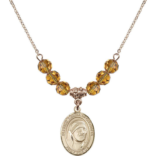 14kt Gold Filled Saint Teresa of Calcutta Birthstone Necklace with Topaz Beads - 8295