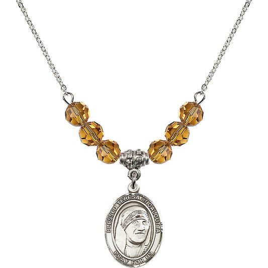 Sterling Silver Saint Teresa of Calcutta Birthstone Necklace with Topaz Beads - 8295