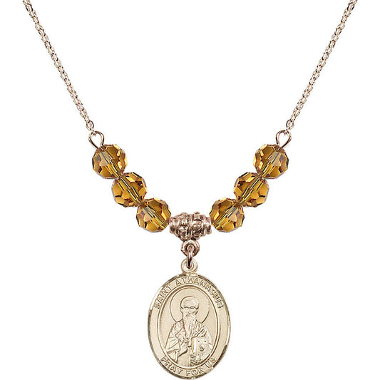 14kt Gold Filled Saint Athanasius Birthstone Necklace with Topaz Beads - 8296