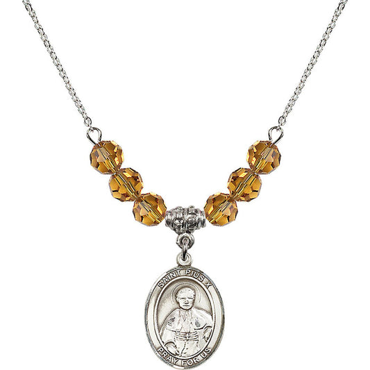 Sterling Silver Saint Pius X Birthstone Necklace with Topaz Beads - 8305