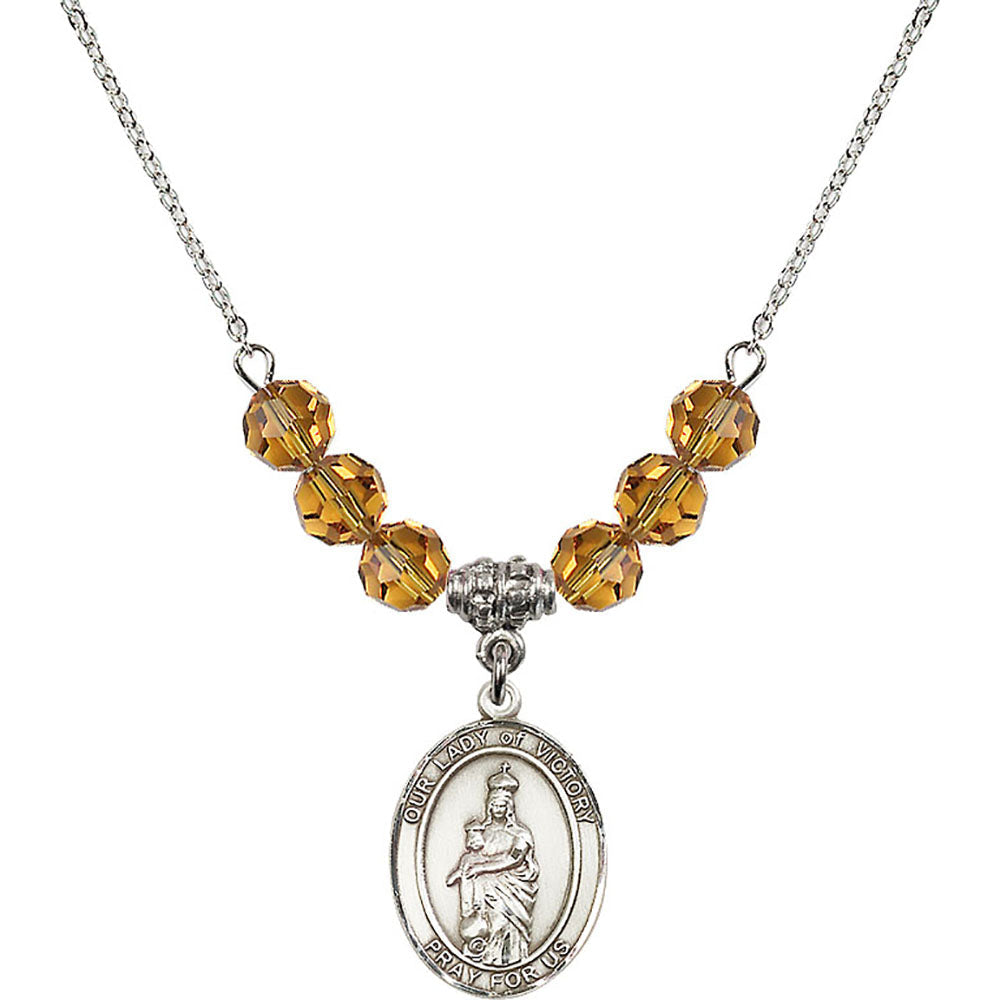 Sterling Silver Our Lady of Victory Birthstone Necklace with Topaz Beads - 8306