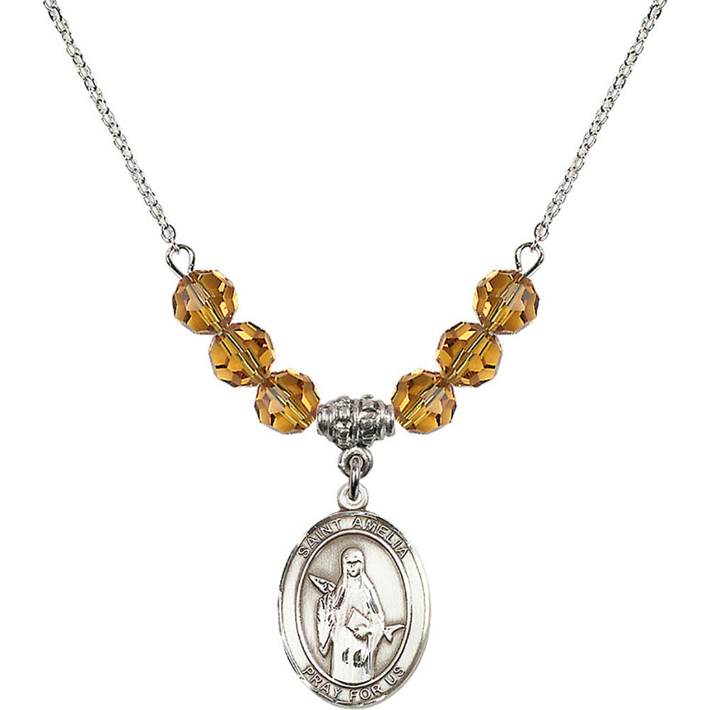 Sterling Silver Saint Amelia Birthstone Necklace with Topaz Beads - 8313