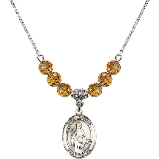Sterling Silver Saint Amelia Birthstone Necklace with Topaz Beads - 8313