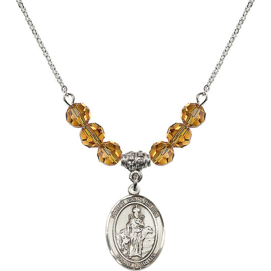 Sterling Silver Saint Cornelius Birthstone Necklace with Topaz Beads - 8325