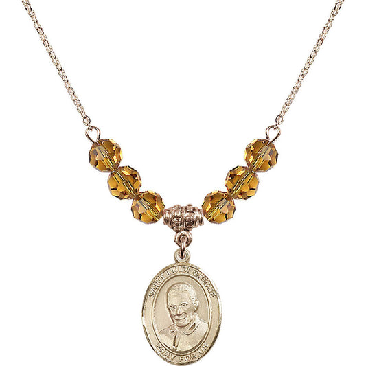 14kt Gold Filled Saint Luigi Orione Birthstone Necklace with Topaz Beads - 8326