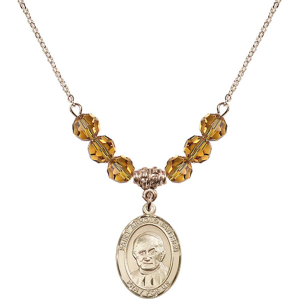 14kt Gold Filled Saint Arnold Janssen Birthstone Necklace with Topaz Beads - 8328
