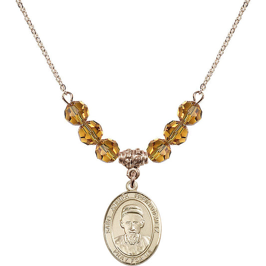 14kt Gold Filled Saint Joseph Freinademetz Birthstone Necklace with Topaz Beads - 8329
