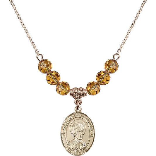 14kt Gold Filled Saint Louis Marie de Montfort Birthstone Necklace with Topaz Beads - 8330