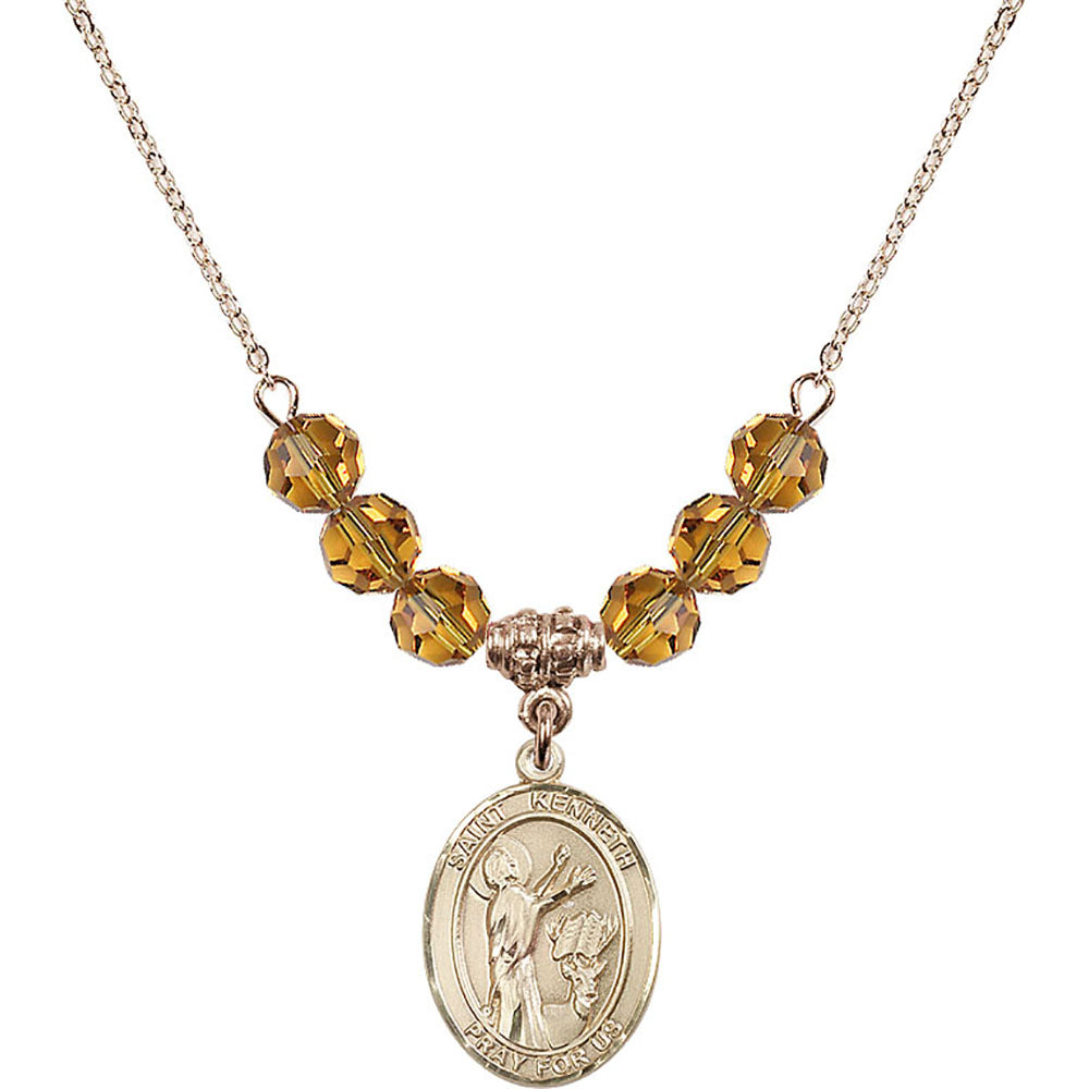 14kt Gold Filled Saint Kenneth Birthstone Necklace with Topaz Beads - 8332