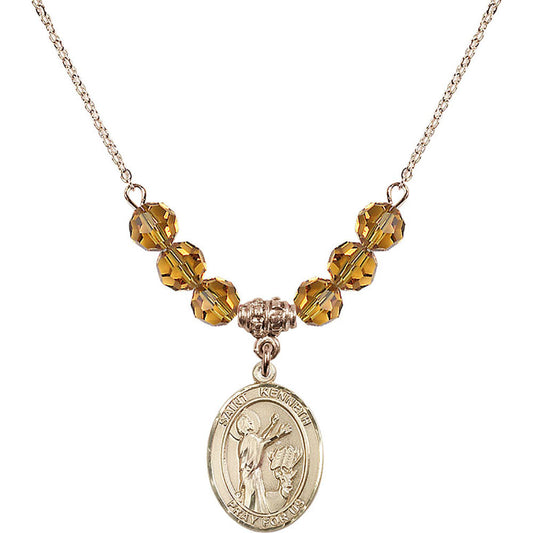 14kt Gold Filled Saint Kenneth Birthstone Necklace with Topaz Beads - 8332