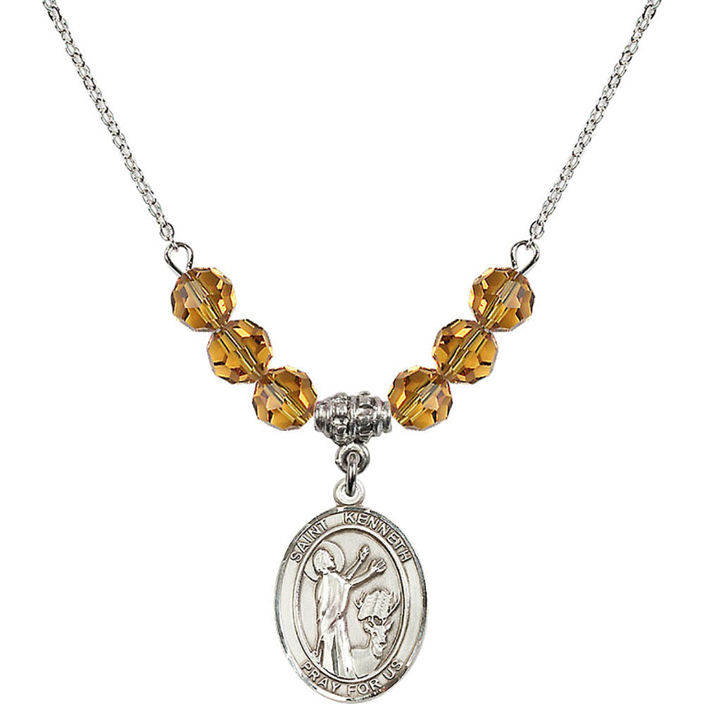 Sterling Silver Saint Kenneth Birthstone Necklace with Topaz Beads - 8332