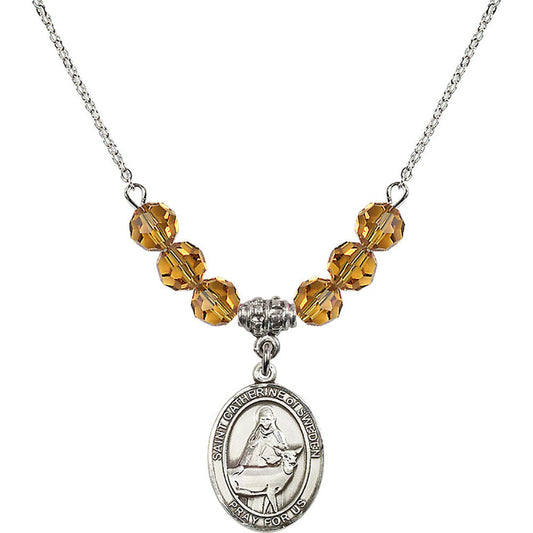 Sterling Silver Saint Catherine of Sweden Birthstone Necklace with Topaz Beads - 8336