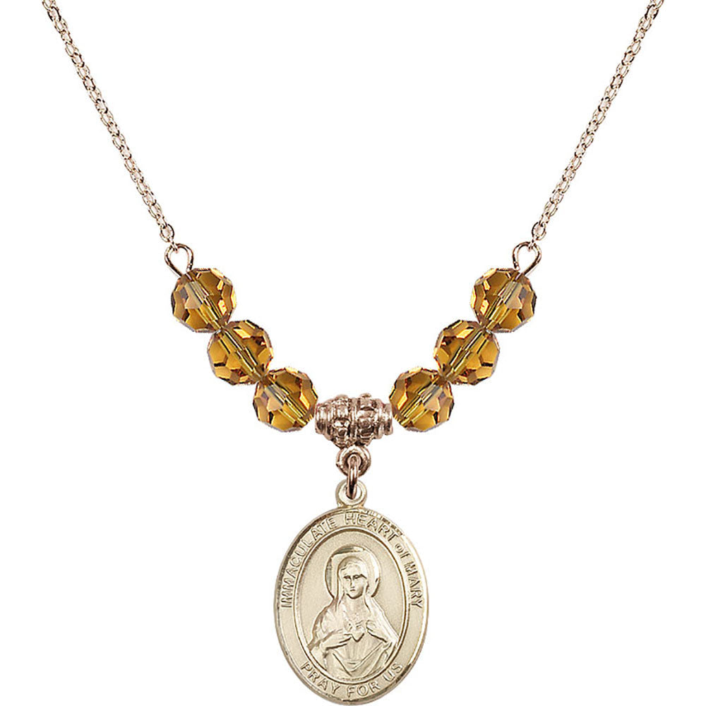 14kt Gold Filled Immaculate Heart of Mary Birthstone Necklace with Topaz Beads - 8337