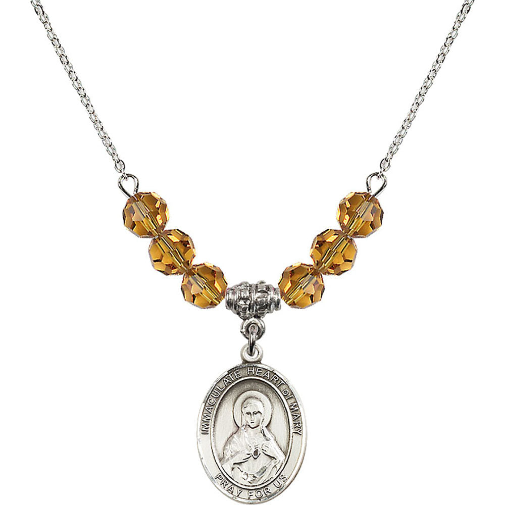 Sterling Silver Immaculate Heart of Mary Birthstone Necklace with Topaz Beads - 8337