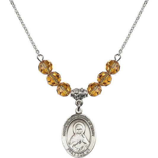 Sterling Silver Immaculate Heart of Mary Birthstone Necklace with Topaz Beads - 8337
