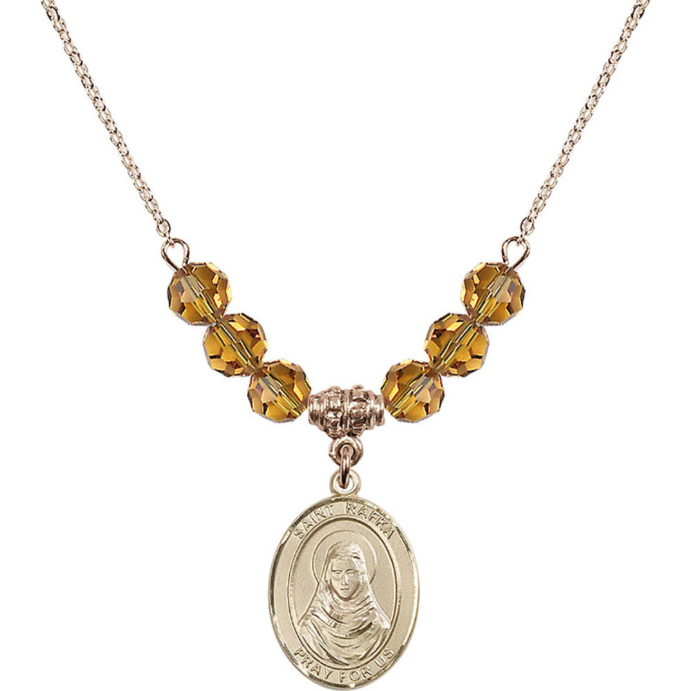 14kt Gold Filled Saint Rafka Birthstone Necklace with Topaz Beads - 8338