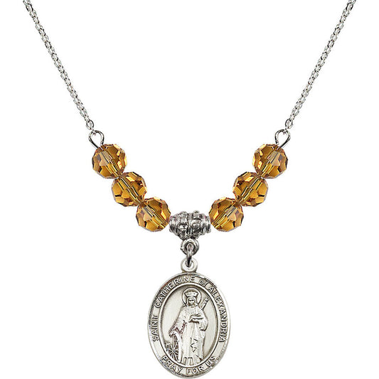 Sterling Silver Saint Catherine of Alexandria Birthstone Necklace with Topaz Beads - 8343