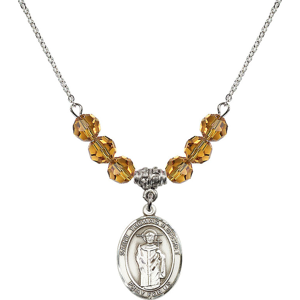 Sterling Silver Saint Thomas A Becket Birthstone Necklace with Topaz Beads - 8344
