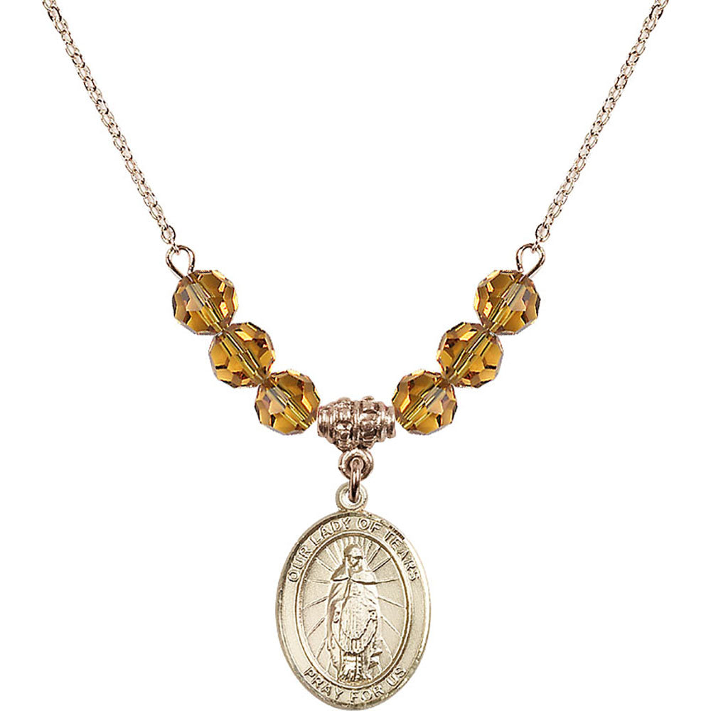 14kt Gold Filled Our Lady of Tears Birthstone Necklace with Topaz Beads - 8346