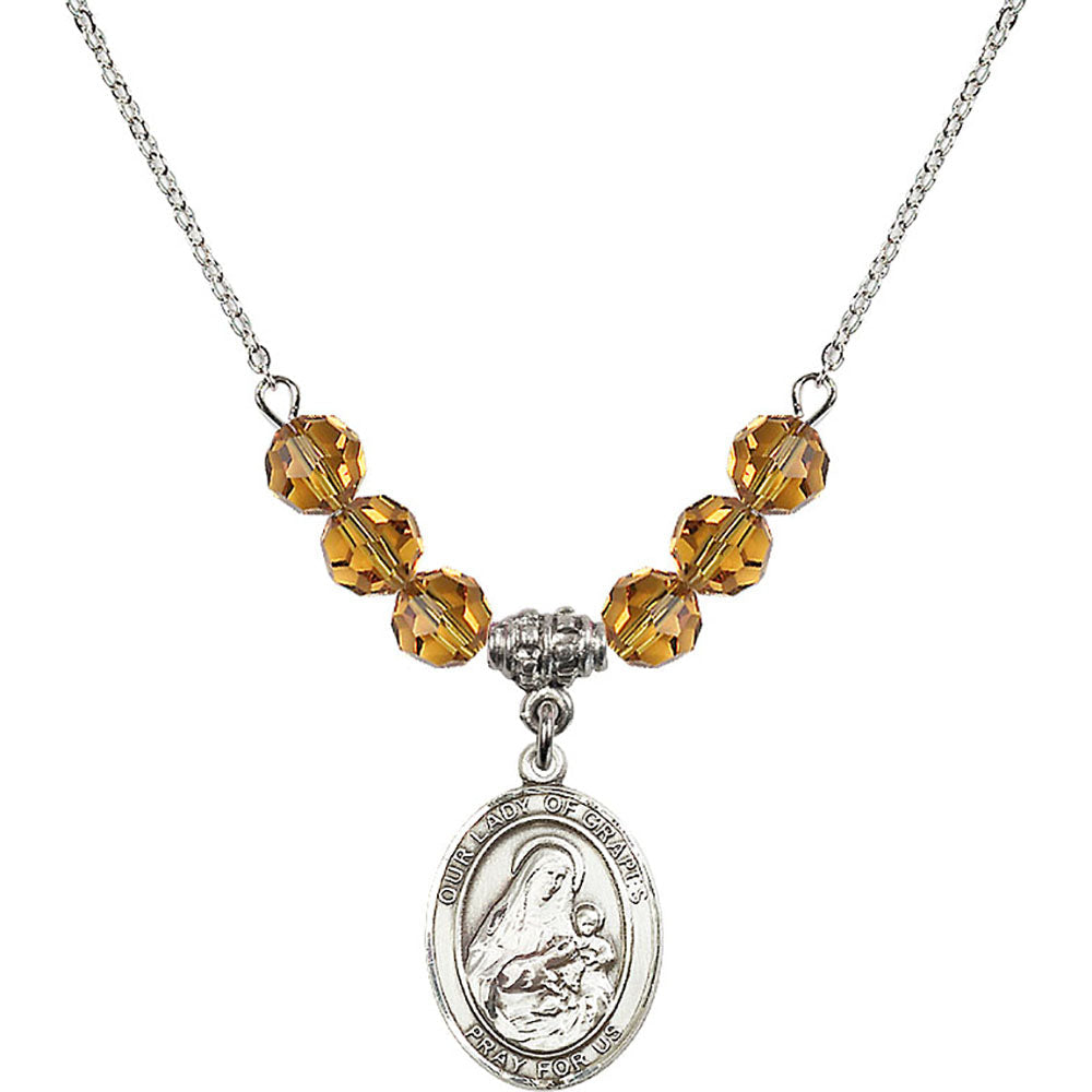 Sterling Silver Our Lady of Grapes Birthstone Necklace with Topaz Beads - 8347