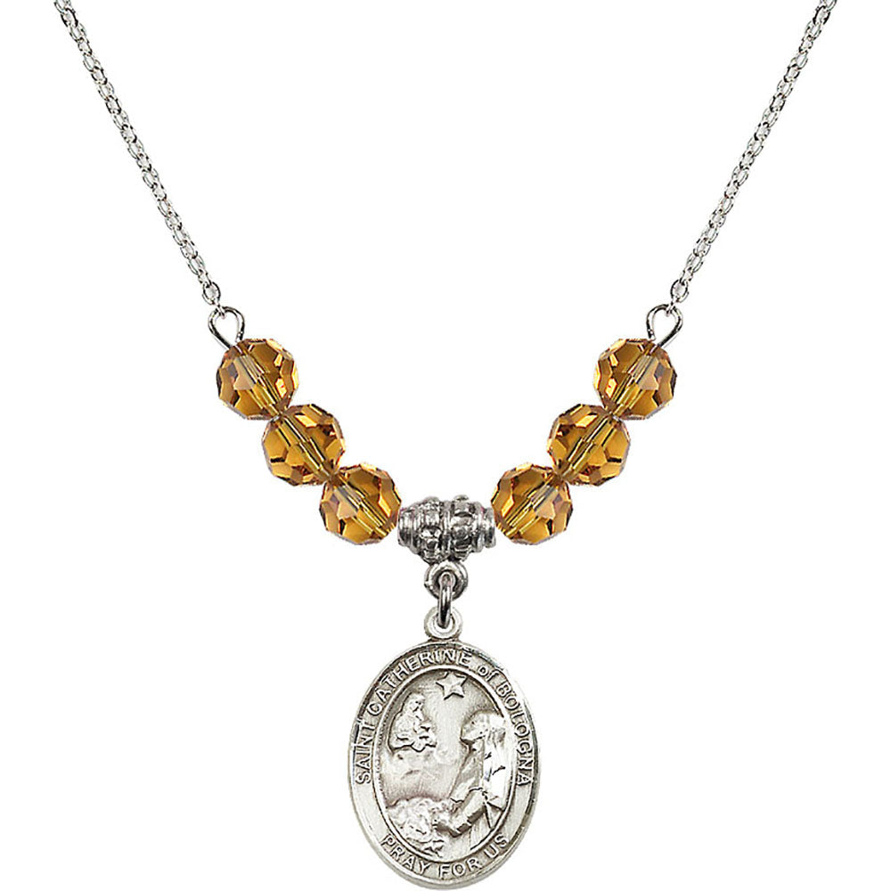 Sterling Silver Saint Catherine of Bologna Birthstone Necklace with Topaz Beads - 8354