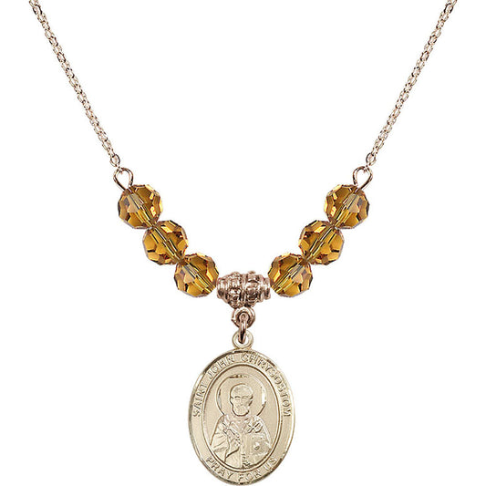 14kt Gold Filled Saint John Chrysostom Birthstone Necklace with Topaz Beads - 8357