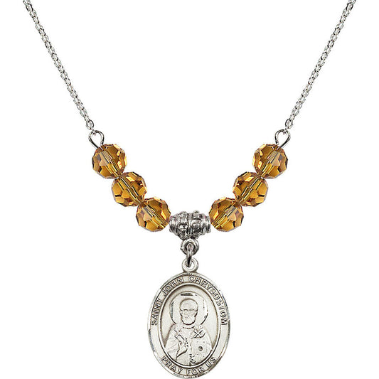 Sterling Silver Saint John Chrysostom Birthstone Necklace with Topaz Beads - 8357