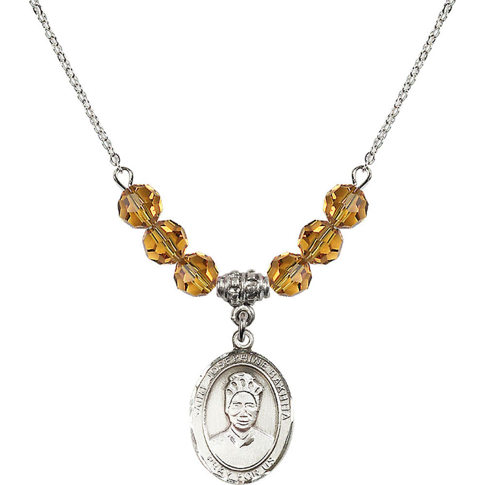 Sterling Silver Saint Josephine Bakhita Birthstone Necklace with Topaz Beads - 8360
