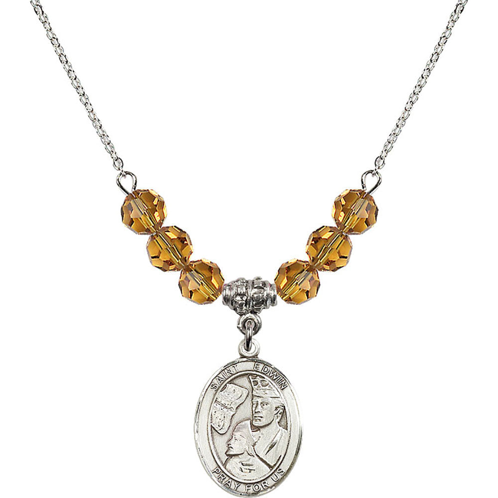 Sterling Silver Saint Edwin Birthstone Necklace with Topaz Beads - 8361