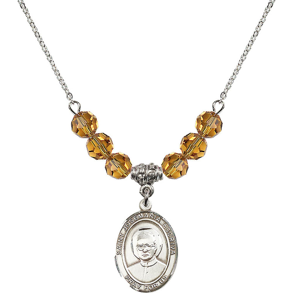 Sterling Silver Saint Josemaria Escriva Birthstone Necklace with Topaz Beads - 8362