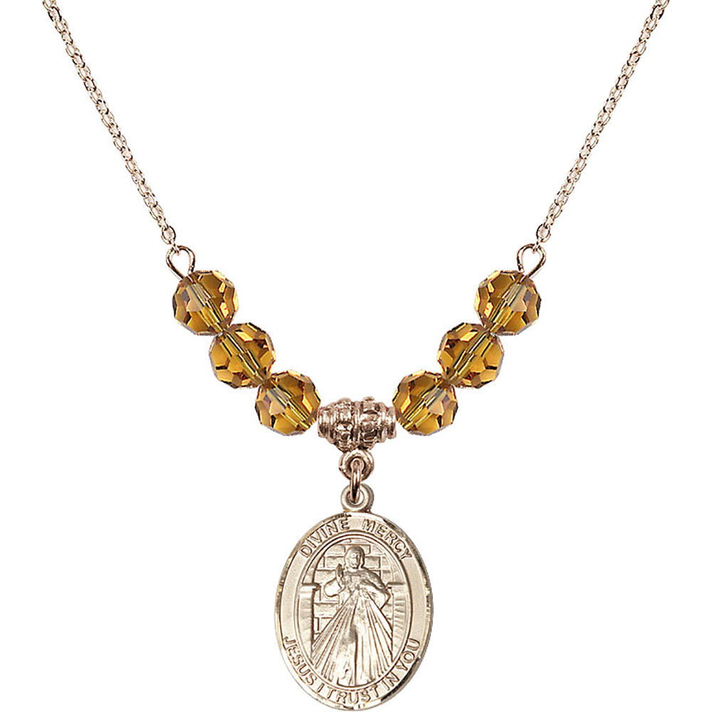 14kt Gold Filled Divine Mercy Birthstone Necklace with Topaz Beads - 8366