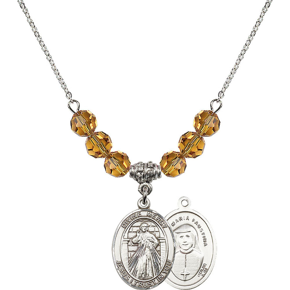 Sterling Silver Divine Mercy Birthstone Necklace with Topaz Beads - 8366