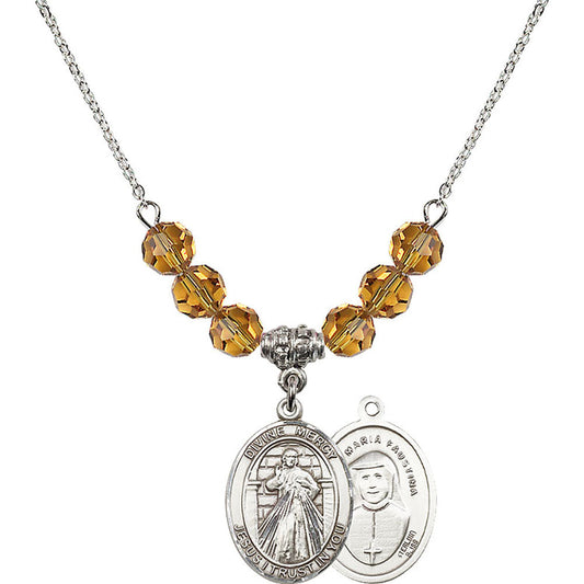 Sterling Silver Divine Mercy Birthstone Necklace with Topaz Beads - 8366