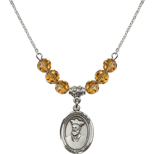 Sterling Silver Saint Philip Neri Birthstone Necklace with Topaz Beads - 8369