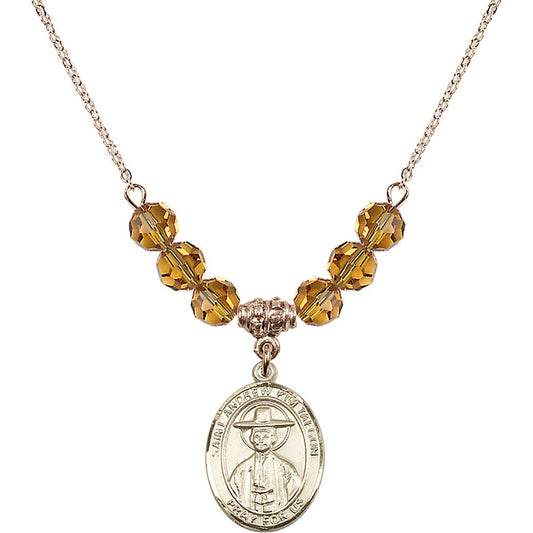 14kt Gold Filled Saint Andrew Kim Taegon Birthstone Necklace with Topaz Beads - 8373